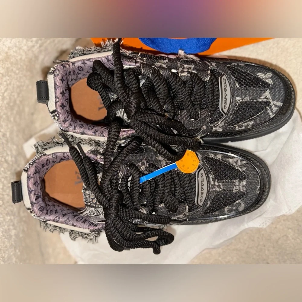 Fashion inspired Black and Grey Monogram Patchwork Sneakers - Picture 2 of 7